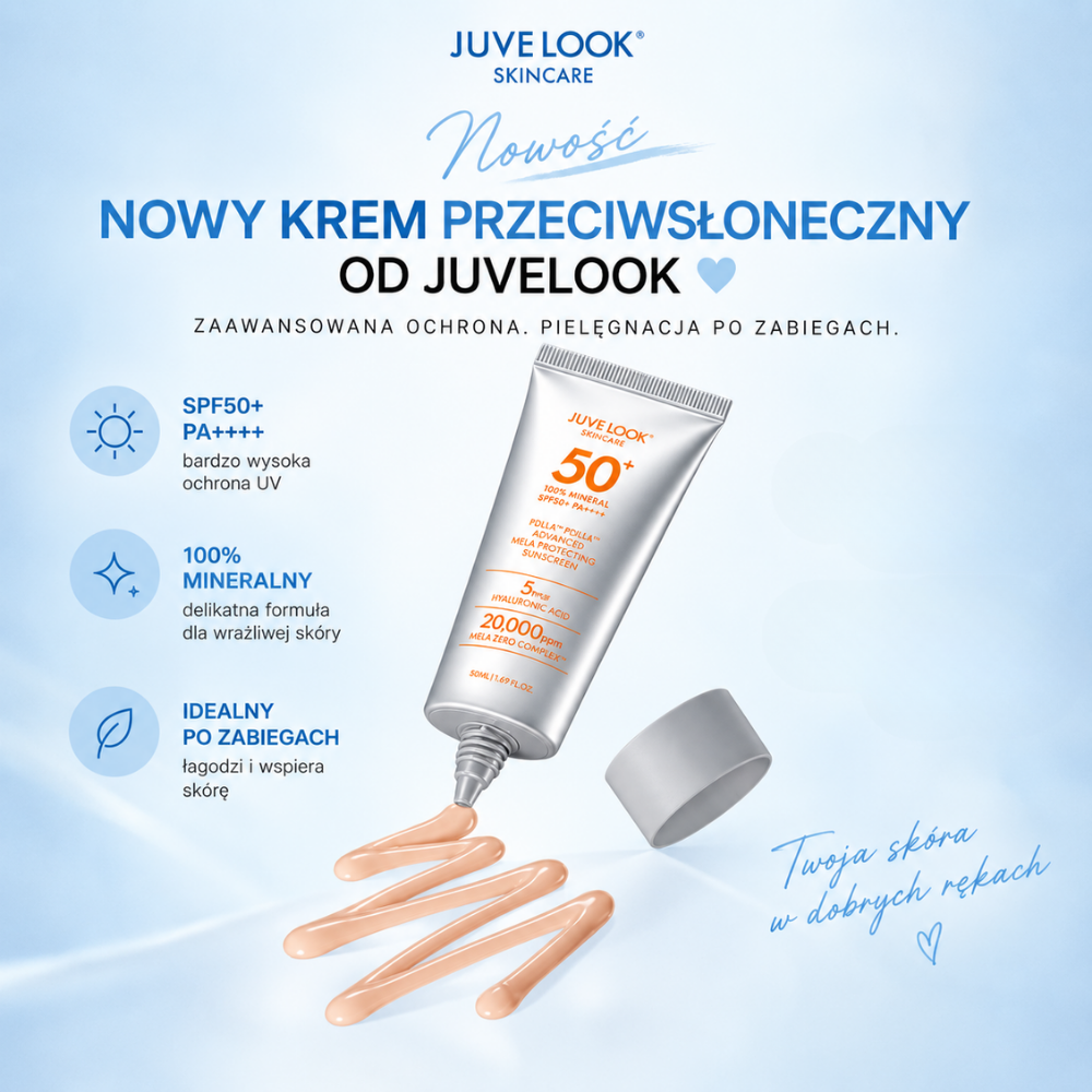 Juvelook PDLLA Advanced Mela Protecting Sunscreen SPF50 - spf do skóry po zabiegach i z przebarwieniami (5) JUVELOOK PDLLA Advanced Mela Protecting Sunscreen SPF50+ PA++++ - grafika przedstawiająca nowy mineralny krem przeciwsłoneczny JUVELOOK z informacją o wysokiej ochronie UV, Mela Zero Complex™, 5 rodzajach kwasu hialuronowego i formule odpowiedniej do pielęgnacji skóry po zabiegach.