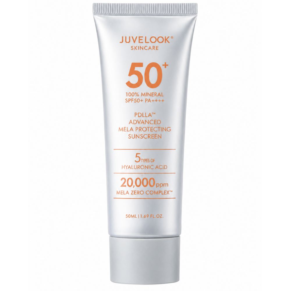 Juvelook PDLLA Advanced Mela Protecting Sunscreen SPF50 - spf do skóry po zabiegach i z przebarwieniami JUVELOOK PDLLA Advanced Mela Protecting Sunscreen SPF50+ 50 ml - srebrna tubka mineralnego kremu przeciwsłonecznego JUVELOOK SPF50+ PA++++ z Mela Zero Complex™ 20 000 ppm i 5 rodzajami kwasu hialuronowego na białym tle.