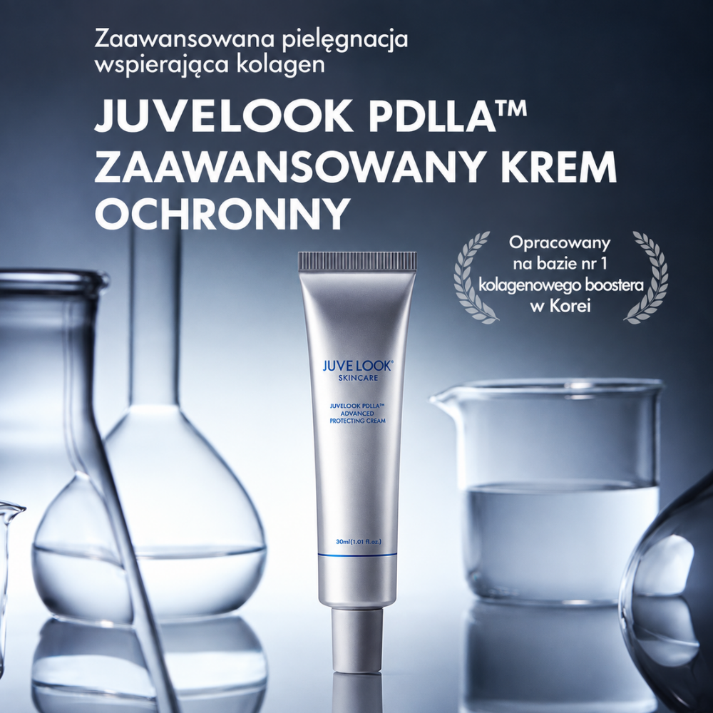 Juvelook PDLLA Advanced Protecting Cream (3) Juvelook PDLLA Advanced Protecting Cream 30 ml - zaawansowany krem wspierający kolagen, przedstawiony w laboratoryjnej scenerii ze szklanymi naczyniami.