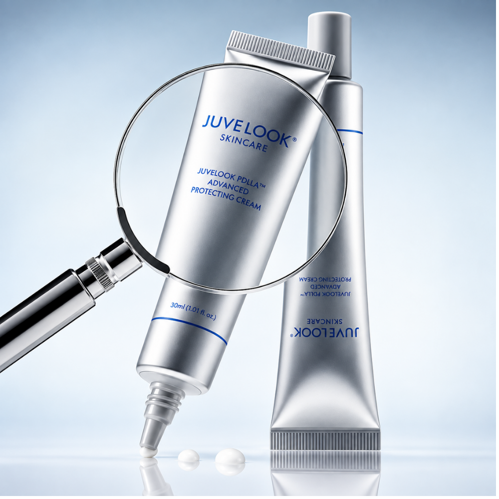Juvelook PDLLA Advanced Protecting Cream Juvelook PDLLA Advanced Protecting Cream 30 ml - srebrna tubka kremu do pielęgnacji skóry pokazana w powiększeniu przez lupę na jasnoniebieskim tle.
