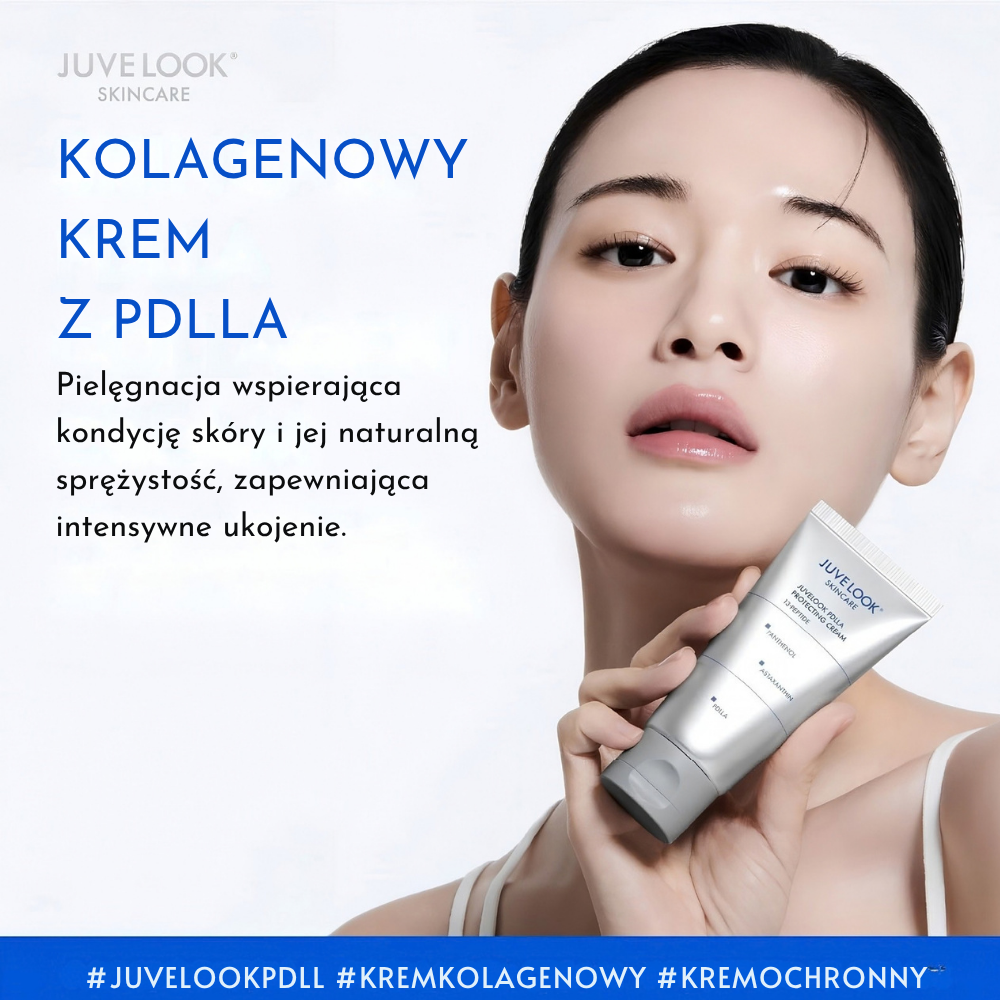 Juvelook PDLLA Protecting Cream (3) JUVELOOK PDLLA Protecting Cream - kolagenowy krem do twarzy z PDLLA i kompleksem 13 peptydów. Modelka o gładkiej, promiennej cerze trzyma srebrną tubkę kosmetyku przy policzku. Obok polski opis podkreślający wsparcie naturalnej sprężystości skóry, poprawę jej kondycji i intensywne ukojenie.