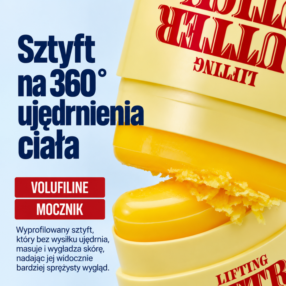 Knock Lifting Butter Stick Seoul Vanilla - maślany sztyft dla efektu jędrnej i napiętej skóry (2) Knock Lifting Butter Stick Seoul Vanilla - koreańskie masło do ciała w sztyfcie z Volufiline i mocznikiem. Grafika przedstawia żółty sztyft o wyprofilowanej końcówce, który wspiera wygładzenie, nawilżenie i poprawę wyglądu jędrności skóry.