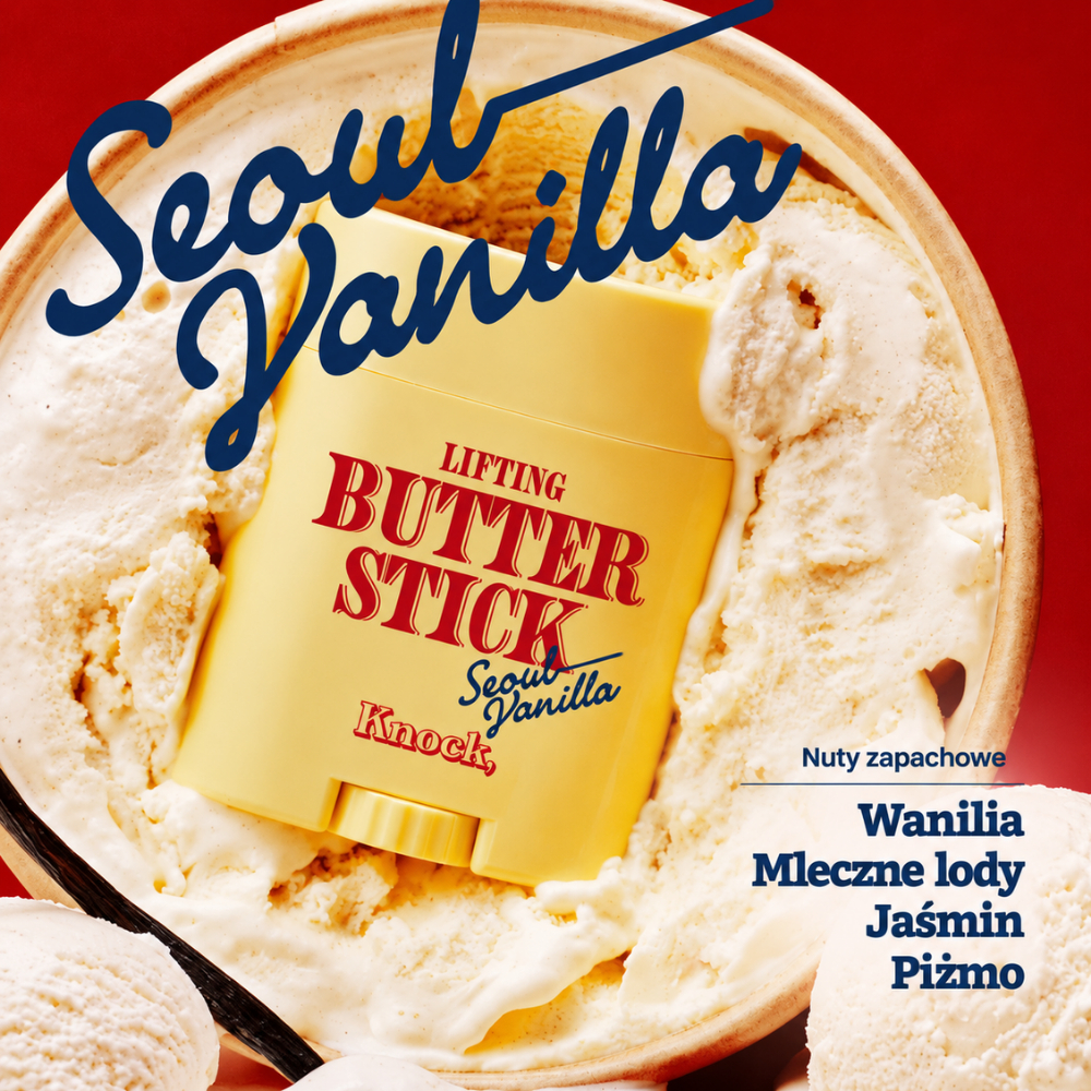 Knock Lifting Butter Stick Seoul Vanilla - maślany sztyft dla efektu jędrnej i napiętej skóry (5) Knock Lifting Butter Stick Seoul Vanilla - koreańskie masło do ciała w sztyfcie o kremowym, waniliowym zapachu. Żółte opakowanie kosmetyku na tle lodów waniliowych z nutami zapachowymi wanilii, mlecznych lodów, jaśminu i piżma.