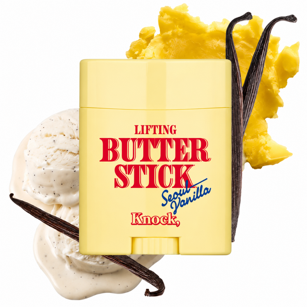 Knock Lifting Butter Stick Seoul Vanilla - maślany sztyft dla efektu jędrnej i napiętej skóry Knock Lifting Butter Stick Seoul Vanilla - koreańskie masło do ciała w sztyfcie z Volufiline i mocznikiem. Grafika przedstawia żółty sztyft o wyprofilowanej końcówce, który wspiera wygładzenie, nawilżenie i poprawę wyglądu jędrności skóry.