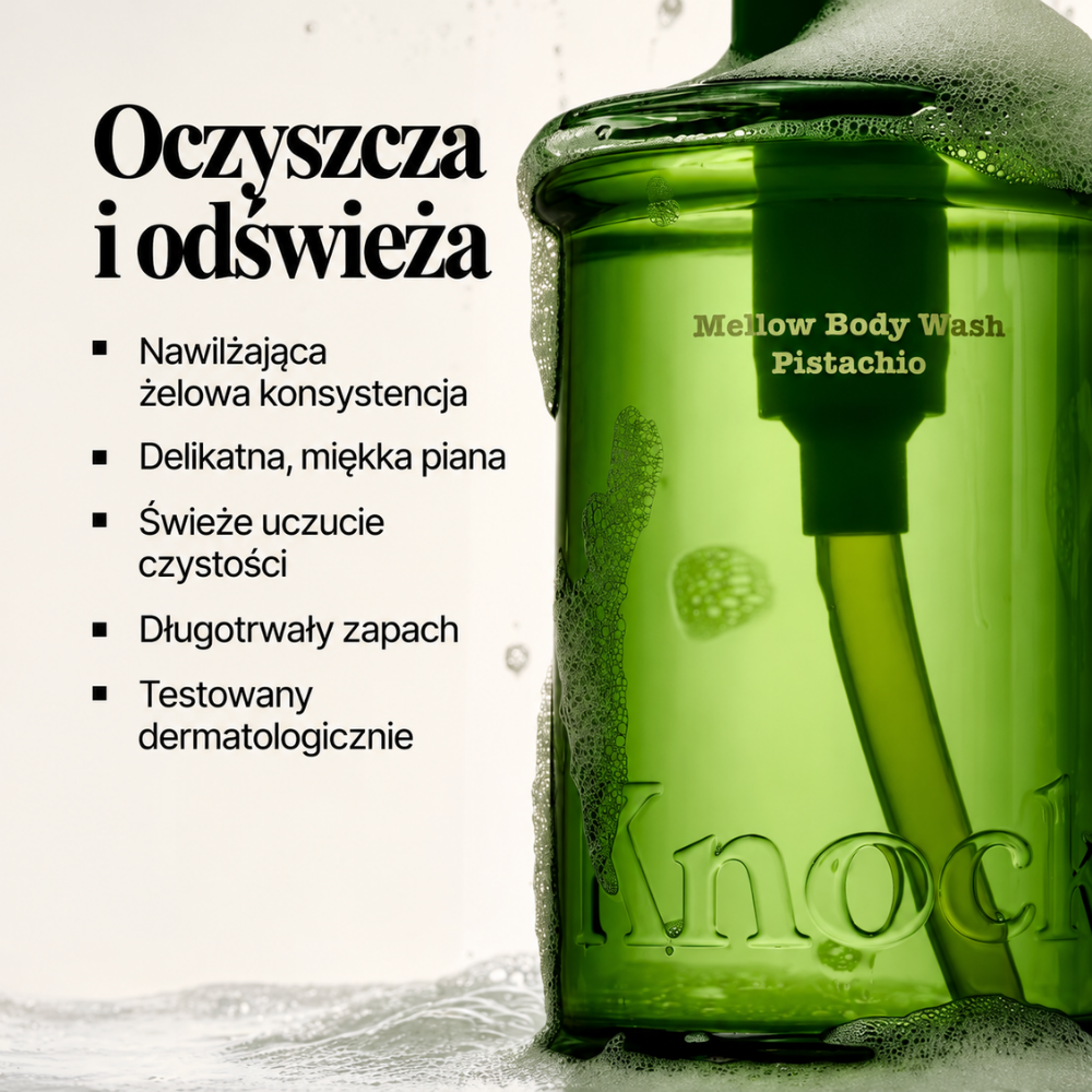Knock Pistachio Mellow Body Wash - kremowy żel pod prysznic z efektem jedwabistej skóry (2) Knock Mellow Body Wash Pistachio - nawilżający żel pod prysznic o pistacjowym zapachu. Grafika przedstawia zieloną butelkę z delikatną pianą oraz korzyści: oczyszczanie, odświeżenie, miękka piana i długotrwały zapach.