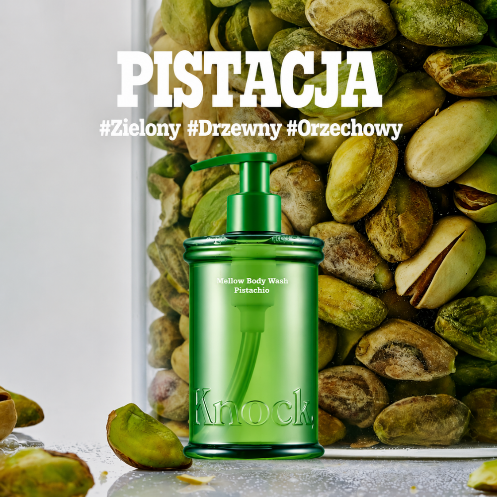 Knock Pistachio Mellow Body Wash - kremowy żel pod prysznic z efektem jedwabistej skóry (3) Knock Mellow Body Wash Pistachio 300 ml - kremowy żel pod prysznic w zielonej butelce z pompką, na tle pistacji. Kompozycja zapachowa łączy zielone, drzewne i orzechowe nuty.