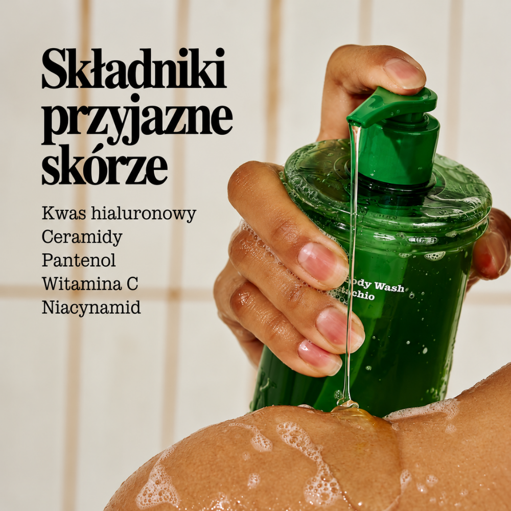 Knock Pistachio Mellow Body Wash - kremowy żel pod prysznic z efektem jedwabistej skóry (4) Knock Mellow Body Wash Pistachio - pielęgnujący żel do mycia ciała z kwasem hialuronowym, ceramidami, pantenolem, witaminą C i niacynamidem. Grafika przedstawia aplikację żelu na wilgotną skórę.