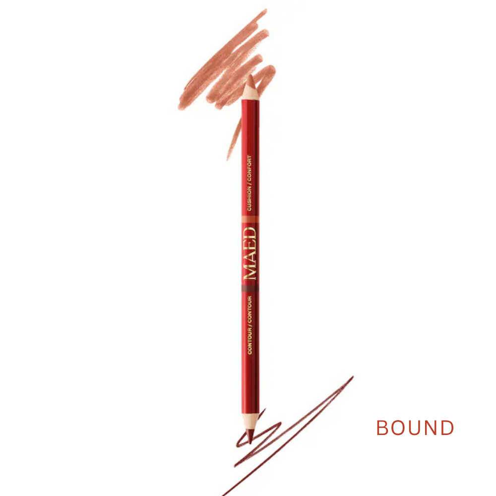 Maed Duet Satin + Matte Long Wear Lip Liner (2) MAED Duet Satin + Matte Long Wear Lip Liner Bound - dwustronna konturówka do ust w ciepłym, brązowym odcieniu nude. Czerwone opakowanie ze złotym logo MAED, dwie końcówki do konturowania ust oraz próbki koloru prezentujące pigmentację i wykończenie produktu na białym tle.