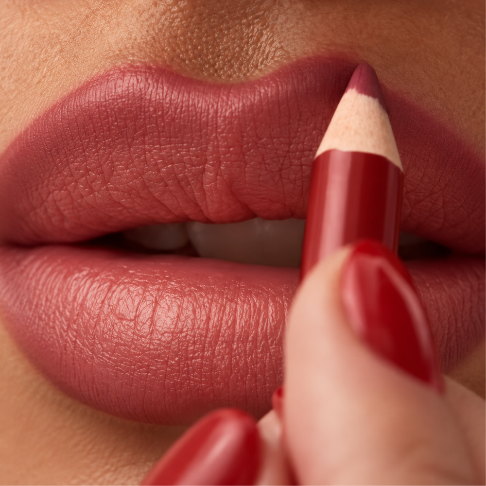 Maed Duet Satin + Matte Long Wear Lip Liner (2) MAED Duet Satin + Matte Long Wear Lip Liner - zbliżenie na aplikację dwustronnej konturówki do ust w przygaszonym różowo-brązowym odcieniu mauve. Precyzyjne podkreślanie konturu górnej wargi, naturalna pigmentacja i eleganckie satynowo-matowe wykończenie makijażu ust.