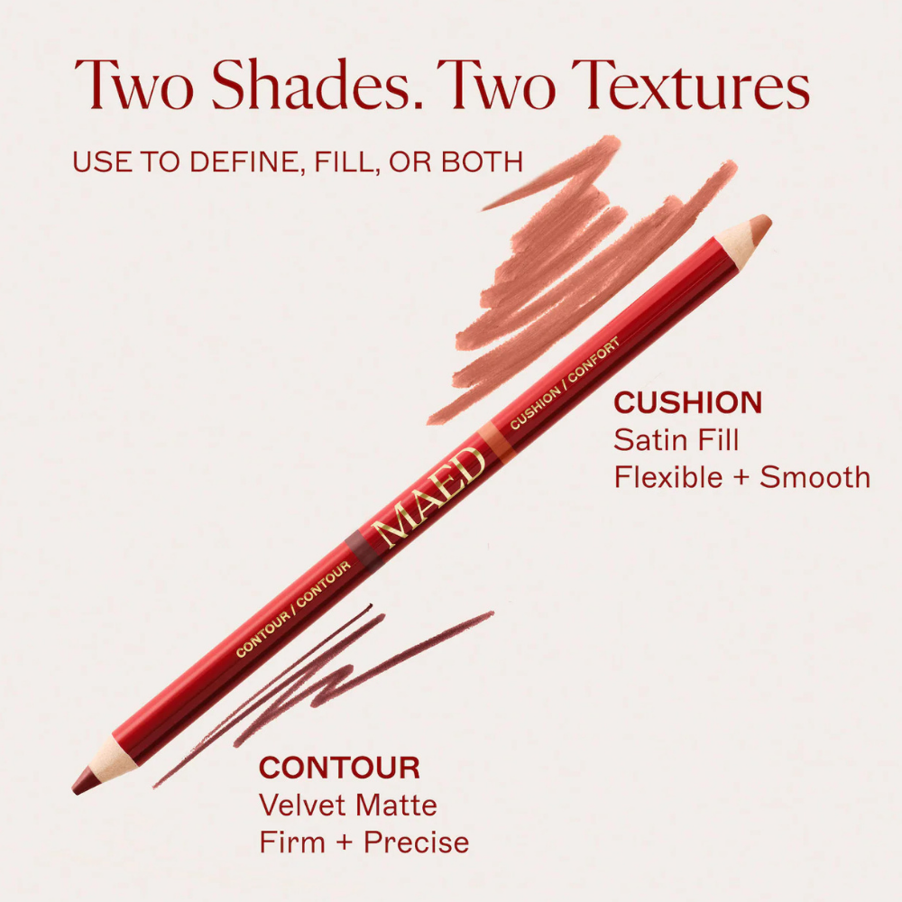 Maed Duet Satin + Matte Long Wear Lip Liner (3) MAED Duet Satin + Matte Long Wear Lip Liner - dwustronna konturówka do ust 2w1 z dwoma odcieniami i wykończeniami. Końcówka Contour o aksamitnie matowej formule precyzyjnie modeluje kontur ust, a satynowa końcówka Cushion zapewnia gładkie, kremowe wypełnienie. Grafika przedstawia czerwoną kredkę MAED oraz próbki kolorów w odcieniach brązu i terakotowego nude.