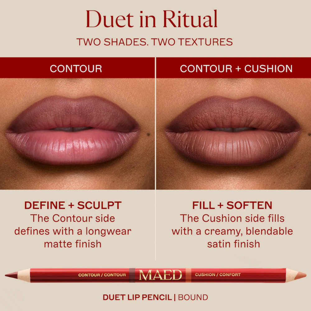 Maed Duet Satin + Matte Long Wear Lip Liner (5) MAED Duet Satin + Matte Long Wear Lip Liner Bound - dwustronna konturówka do ust 2w1 w odcieniach cynamonowego brązu i terakotowego nude. Grafika porównuje efekt matowej końcówki Contour, która precyzyjnie modeluje i podkreśla kontur ust, z efektem Contour + Cushion, zapewniającym kremowe, satynowe wypełnienie i optycznie pełniejsze usta.