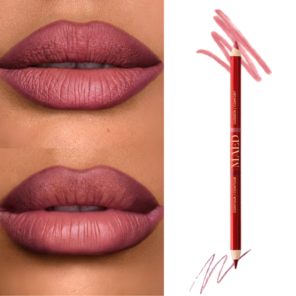 Maed Duet Satin + Matte Long Wear Lip Liner MAED Duet Satin + Matte Long Wear Lip Liner - dwustronna konturówka do ust 2w1 z matową końcówką do modelowania i satynową do wypełniania. Zdjęcie przedstawia efekt ombré na ustach w różowo-brązowych odcieniach, czerwoną kredkę MAED oraz próbki kolorów na białym tle.