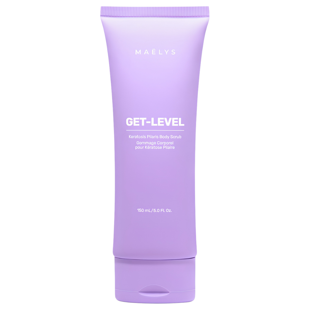 Maelys Get Level Keratosis Pilaris Body Scrub MAËLYS GET-LEVEL Keratosis Pilaris Body Scrub - wygładzający peeling do ciała w pastelowofioletowej tubce o pojemności 150 ml, z białymi napisami, przedstawiony na białym tle.