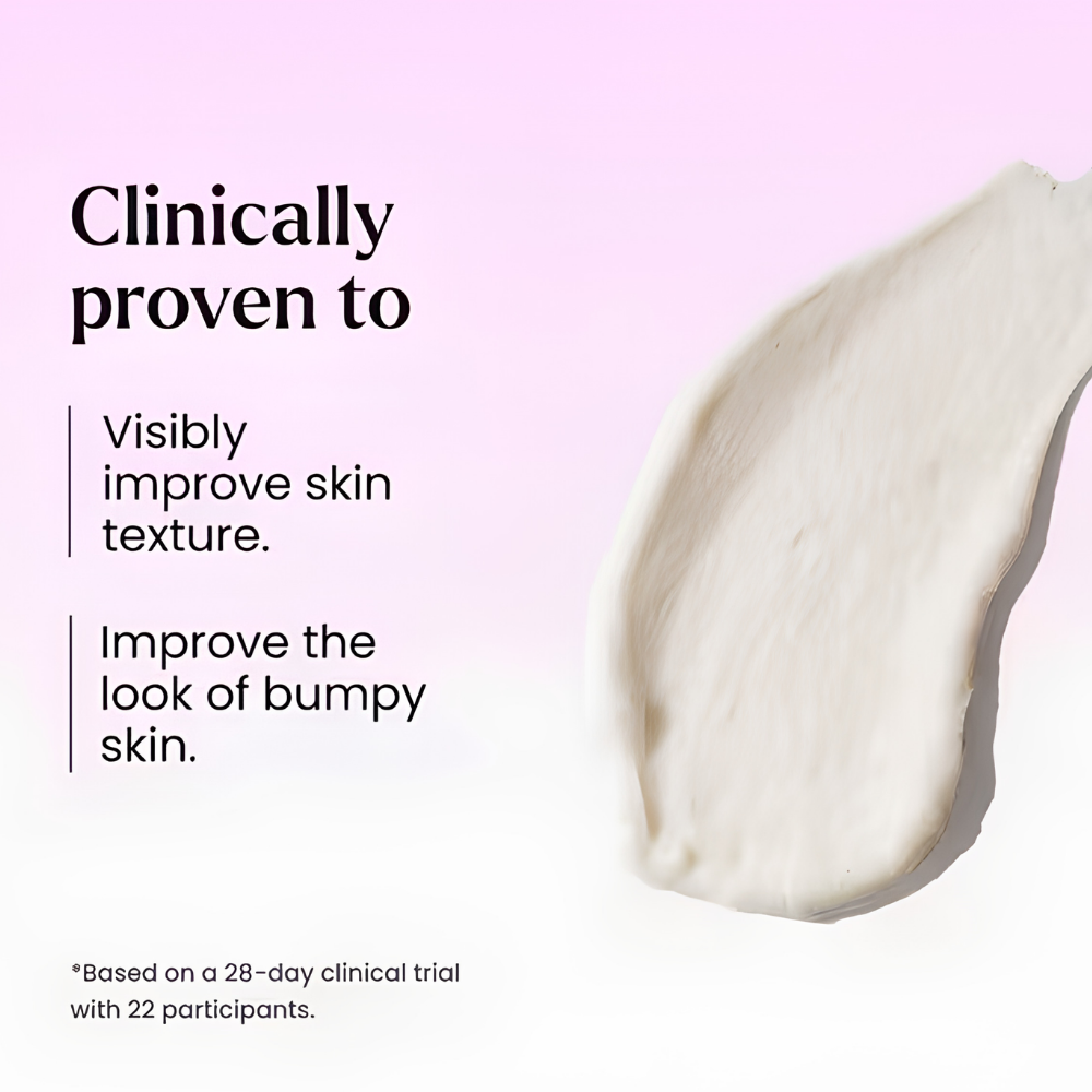 Maelys Get Level Keratosis Pilaris Body Scrub (3) MAËLYS GET-LEVEL Keratosis Pilaris Body Scrub - grafika na pasteloworóżowym tle przedstawiająca kremową konsystencję peelingu do ciała. Wyniki 28-dniowego badania klinicznego z udziałem 22 osób potwierdzają poprawę wyglądu nierównej tekstury skóry oraz widoczności drobnych grudek związanych z rogowaceniem okołomieszkowym.
