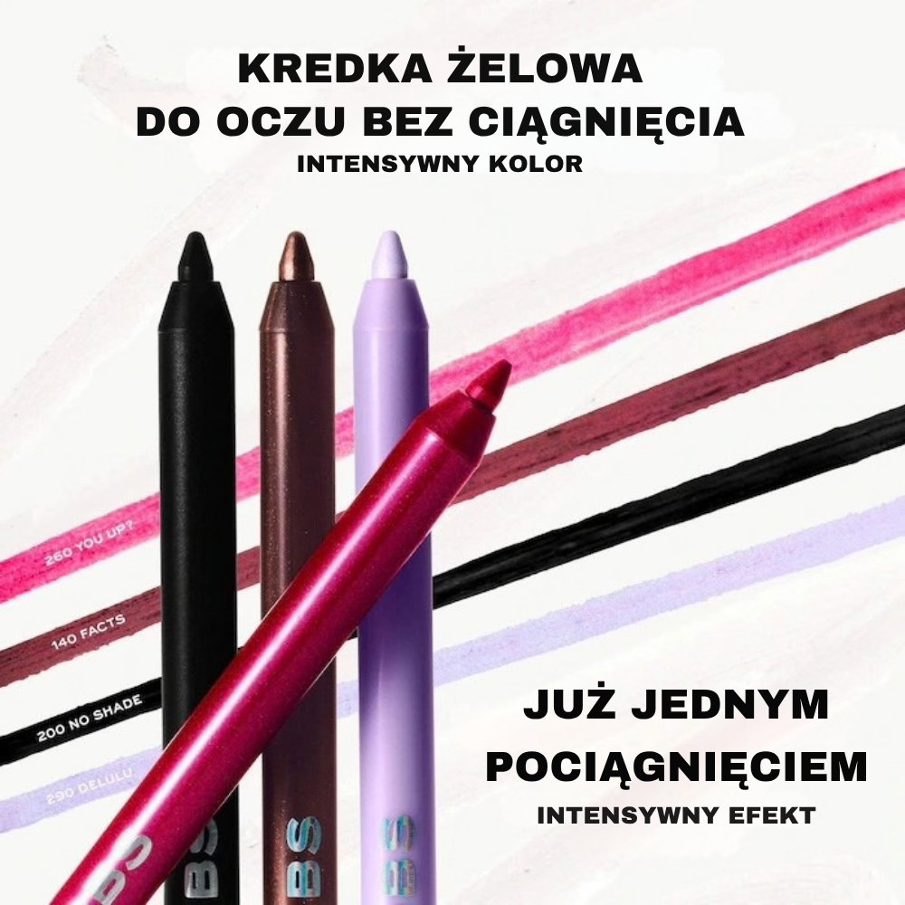Marc Jacobs Beauty Drawn This Way (3) Marc Jacobs Beauty Drawn This Way Waterproof Gel Eyeliner - kremowe kredki żelowe do oczu o intensywnym kolorze, pokazane wraz ze swatchami odcieni 260 You Up?, 140 Facts, 200 No Shade i 290 Delulu.
