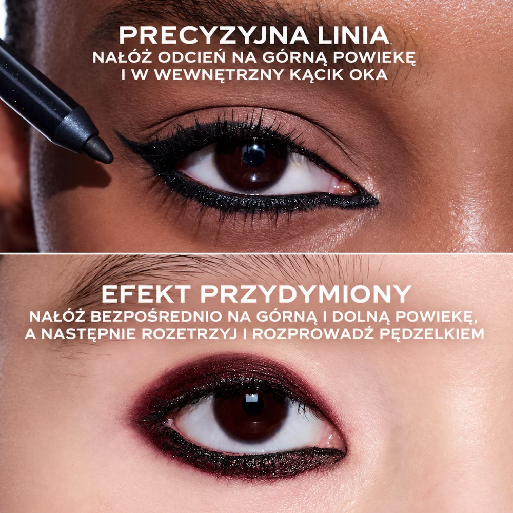 Marc Jacobs Beauty Drawn This Way Marc Jacobs Beauty Drawn This Way Waterproof Gel Eyeliner - grafika prezentująca dwa sposoby aplikacji żelowej kredki do oczu: precyzyjną linię oraz roztarty, przydymiony efekt smoky eye.