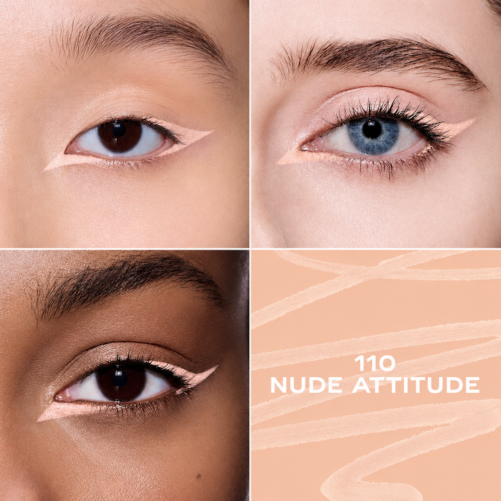 Marc Jacobs Drawn This Way Mini Eyeliner Trio - trzy odcienie, jedno hipnotyzujące spojrzenie (2) Marc Jacobs Drawn This Way Mini Eyeliner Trio - odcień 110 Nude Attitude, jasna brzoskwiniowo-beżowa kredka do oczu. Makijaż na trzech karnacjach prezentujący subtelne, rozświetlające kreski oraz próbkę koloru nude.