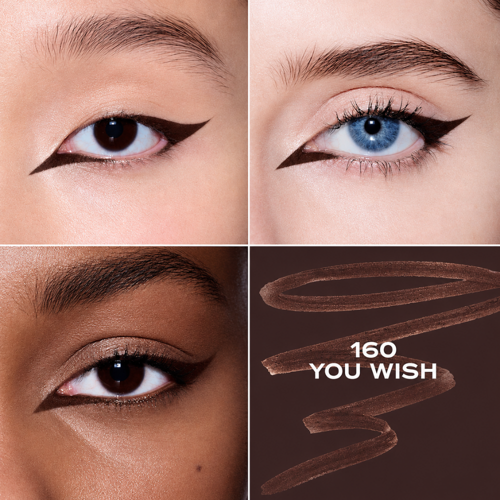 Marc Jacobs Drawn This Way Mini Eyeliner Trio - trzy odcienie, jedno hipnotyzujące spojrzenie (3) Marc Jacobs Drawn This Way Mini Eyeliner Trio - odcień 160 You Wish, ciemnobrązowa kredka do oczu. Grafika przedstawia trzy makijaże z wyrazistą, czekoladową kreską w stylu cat eye oraz próbkę brązowego pigmentu.