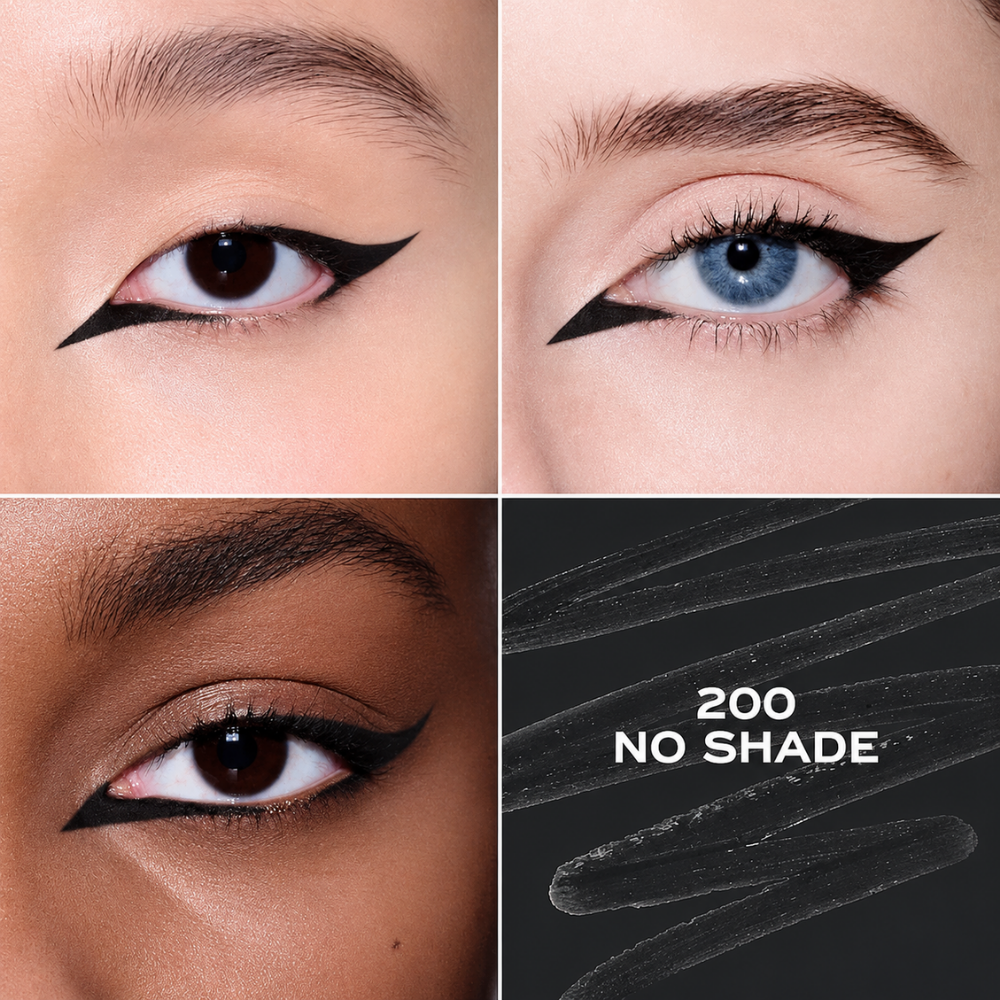 Marc Jacobs Drawn This Way Mini Eyeliner Trio - trzy odcienie, jedno hipnotyzujące spojrzenie (4) Marc Jacobs Drawn This Way Mini Eyeliner Trio - odcień 200 No Shade, intensywnie czarna kredka do oczu. Trzy zbliżenia makijażu z precyzyjną, czarną kreską typu winged eyeliner oraz próbka głębokiej czerni.