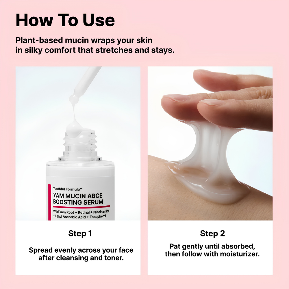 NIDA Yam Mucin ABCE Serum (2) NIDA Yam Mucin ABCE Serum - instrukcja stosowania koreańskiego serum do twarzy z roślinną mucyną. Grafika przedstawia dwa etapy aplikacji: równomierne rozprowadzenie serum na oczyszczonej skórze oraz delikatne wklepanie przed nałożeniem kremu. Widoczna mleczna, elastyczna i jedwabista konsystencja kosmetyku.