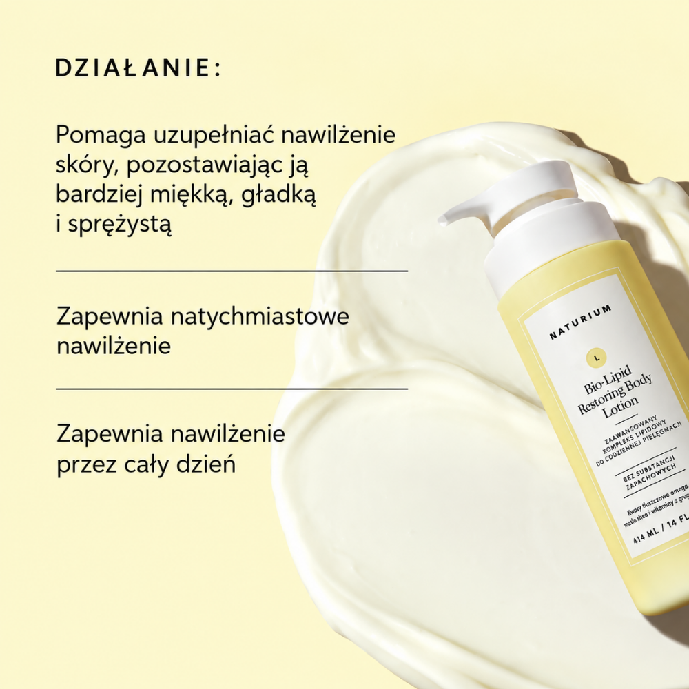 Naturium Bio Lipid Restoring Body Lotion - lipidowy balsam odbudowujący barierę skóry (3) Naturium Bio-Lipid Restoring Body Lotion - działanie balsamu - balsam do ciała Naturium na tle kremowej tekstury z informacją o natychmiastowym i całodziennym nawilżeniu oraz bardziej miękkim, gładkim i sprężystym wyglądzie skóry.