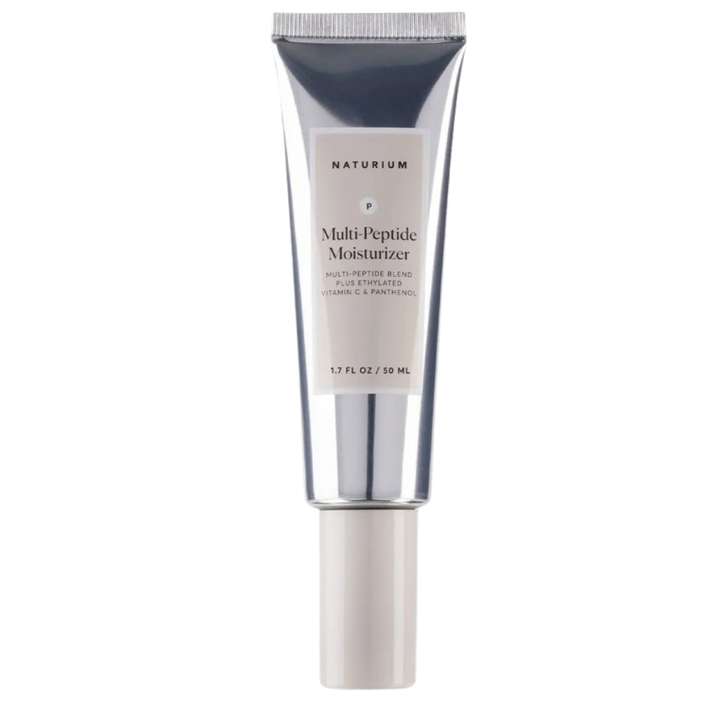 Naturium Multi Peptide Moisturizer - peptydowy krem wygładzająco-odżywczy Naturium Multi-Peptide Moisturizer 50 ml - peptydowy krem do twarzy w srebrnej tubce z jasną pompką na białym tle.