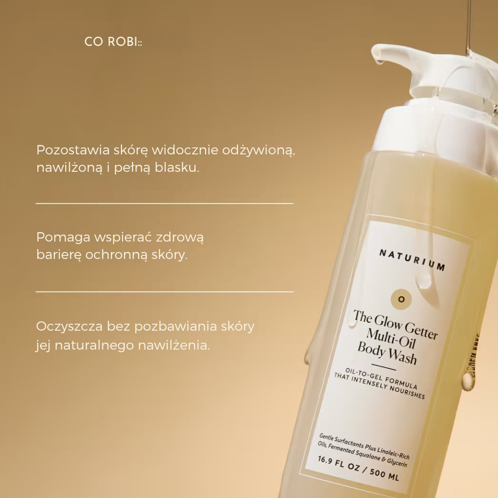 Naturium The Glow Getter Multi Oil Hydrating Body Wash (3) Naturium The Glow Getter Multi-Oil Body Wash - olejkowy żel do mycia ciała, który delikatnie oczyszcza, pomaga wspierać barierę ochronną skóry oraz pozostawia ją nawilżoną, odżywioną i pełną blasku.