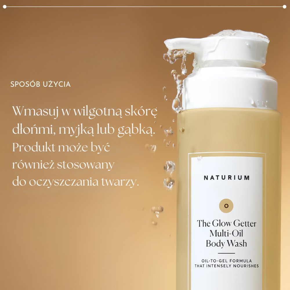 Naturium The Glow Getter Multi Oil Hydrating Body Wash (4) Naturium The Glow Getter Multi-Oil Body Wash - grafika przedstawiająca sposób użycia olejkowego żelu do mycia ciała i twarzy na wilgotnej skórze, z widoczną butelką produktu otoczoną kroplami wody.