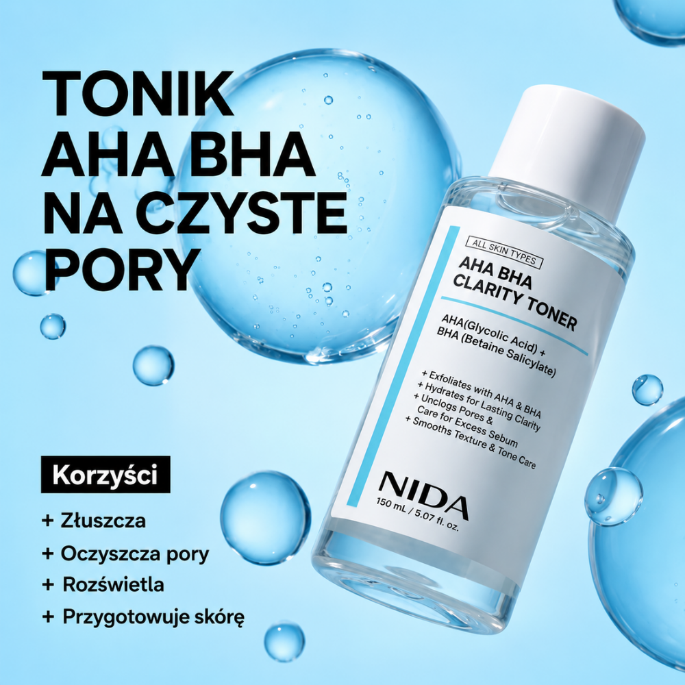 Nida AHA BHA Clarity Toner - tonik z kwasami na pory i efekt glass skin (2) NIDA AHA BHA Clarity Toner 150 ml - koreański tonik złuszczający z kwasem glikolowym AHA i salicylanem betainy BHA. Grafika przedstawia butelkę na niebieskim tle z kroplami serum oraz korzyści: oczyszczanie porów, złuszczanie, rozświetlenie i wygładzenie skóry.