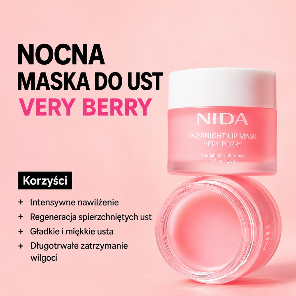 Nida Overnight Lip Mask Very Berry - nocna maska na miękkie i pełniejsze usta (2) NIDA Overnight Lip Mask Very Berry 20 g - koreańska maska do ust z kompleksem trzech form kwasu hialuronowego, witaminą E i ekstraktem z żurawiny. Różowy słoiczek z białą nakrętką na jasnym tle z błyszczącą, różową próbką konsystencji kosmetyku.