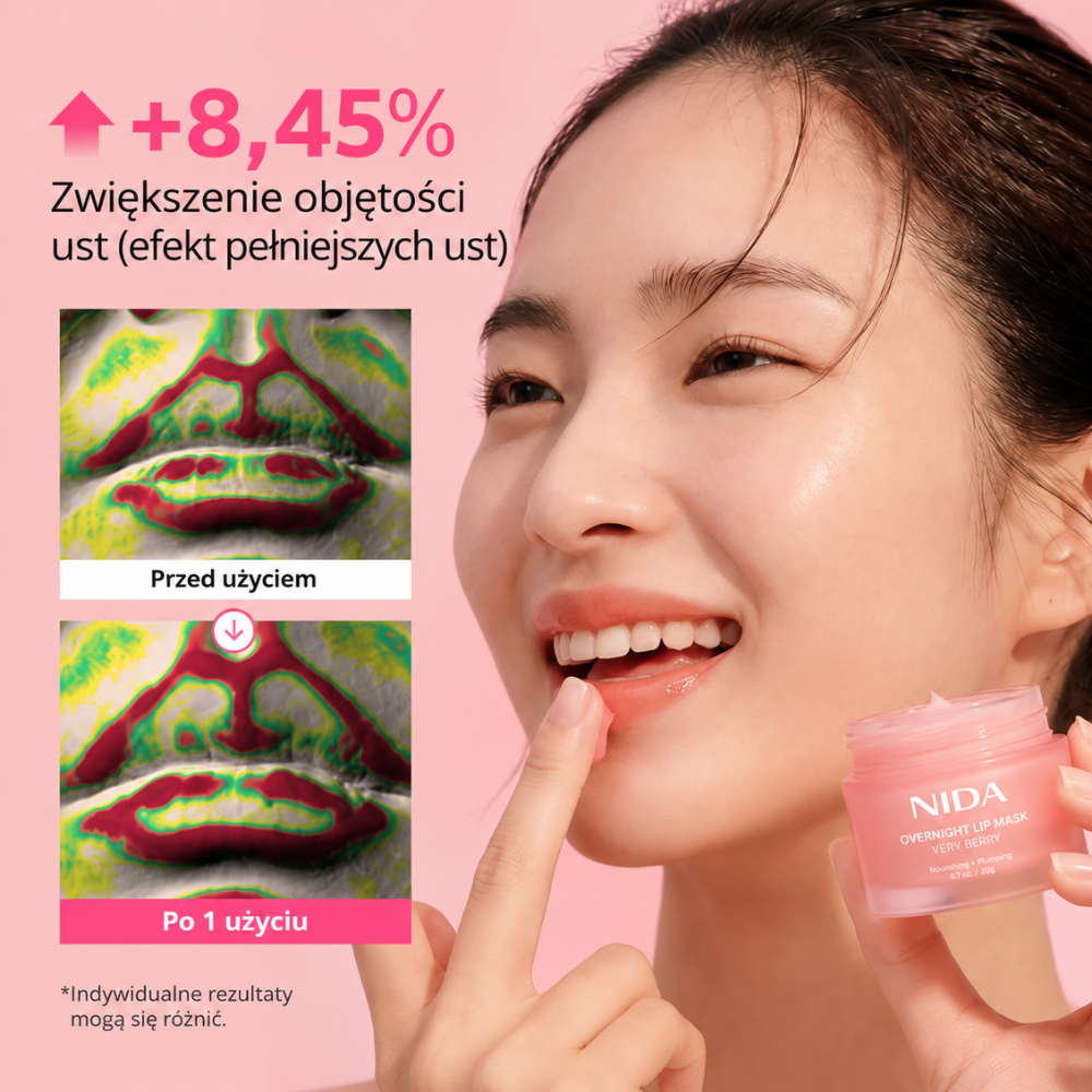 Nida Overnight Lip Mask Very Berry - nocna maska na miękkie i pełniejsze usta (3) NIDA Overnight Lip Mask Very Berry - nawilżająca maska do ust z kwasem hialuronowym i ekstraktem z żurawiny. Grafika z modelką przedstawia deklarowany wzrost objętości ust o 8,45% oraz porównanie wyglądu ust przed i po zastosowaniu kosmetyku.