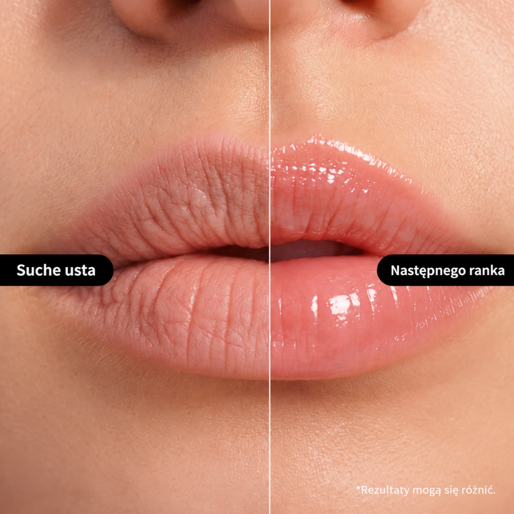 Nida Overnight Lip Mask Very Berry - nocna maska na miękkie i pełniejsze usta (4) NIDA Overnight Lip Mask Very Berry - intensywnie nawilżająca maska na noc do suchych i spierzchniętych ust. Zdjęcie porównawcze przedstawia suche usta przed aplikacją oraz wygładzone, miękkie i błyszczące usta następnego ranka.