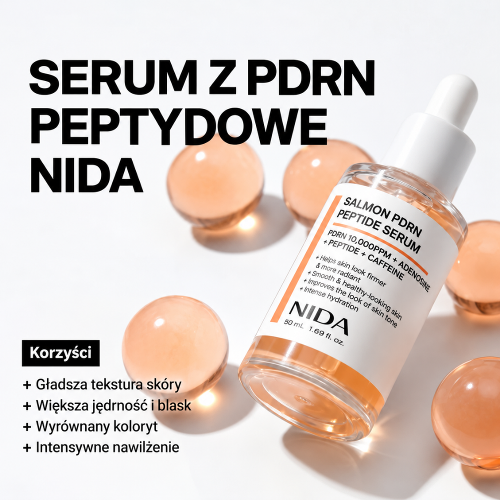 Nida Salmon PDRN Peptide Serum - gładka i promienna cera bez zmarszczek (2) NIDA Salmon PDRN Peptide Serum 50 ml - koreańskie serum z PDRN z łososia, peptydami i adenozyną. Grafika przedstawia buteleczkę z pipetą na tle brzoskwiniowych kropli serum oraz korzyści: wygładzenie tekstury skóry, poprawę jędrności, wyrównanie kolorytu i intensywne nawilżenie.