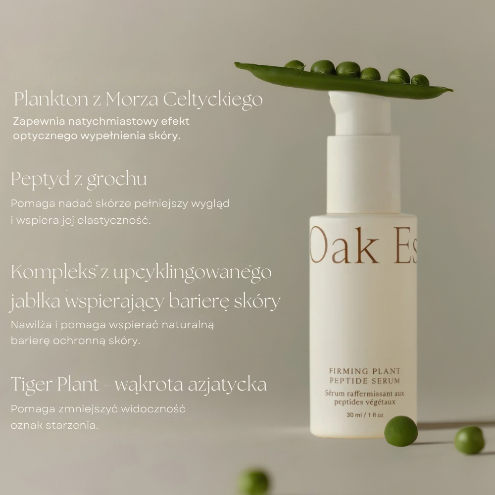 Oak Essentials Firming Plant Peptide Serum Oak Essentials Firming Plant Peptide Serum 30 ml - serum peptydowe z peptydem z grochu, planktonem z Morza Celtyckiego i wąkrotą azjatycką, wspierające jędrność, elastyczność i gładszy wygląd skóry.
