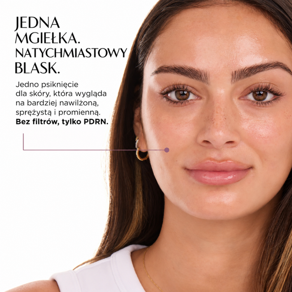 Olivia Umma PDRN Skin Toning Mist - różowy reset dla spragnionej skóry (2) Olivia Umma PDRN Skin Toning Mist – koreańska mgiełka do twarzy z PDRN, NAD+ i NMN. Grafika przedstawia kobietę z promienną, nawilżoną cerą oraz hasło „Jedna mgiełka. Natychmiastowy blask”, podkreślające efekt świeżej i sprężystej skóry.