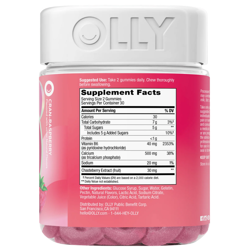 Olly Period Hero (2) OLLY Period Hero - żelki wspierające komfort podczas PMS o smaku żurawiny i maliny, z witaminą B6, wapniem i 30 mg ekstraktu z niepokalanka w porcji.