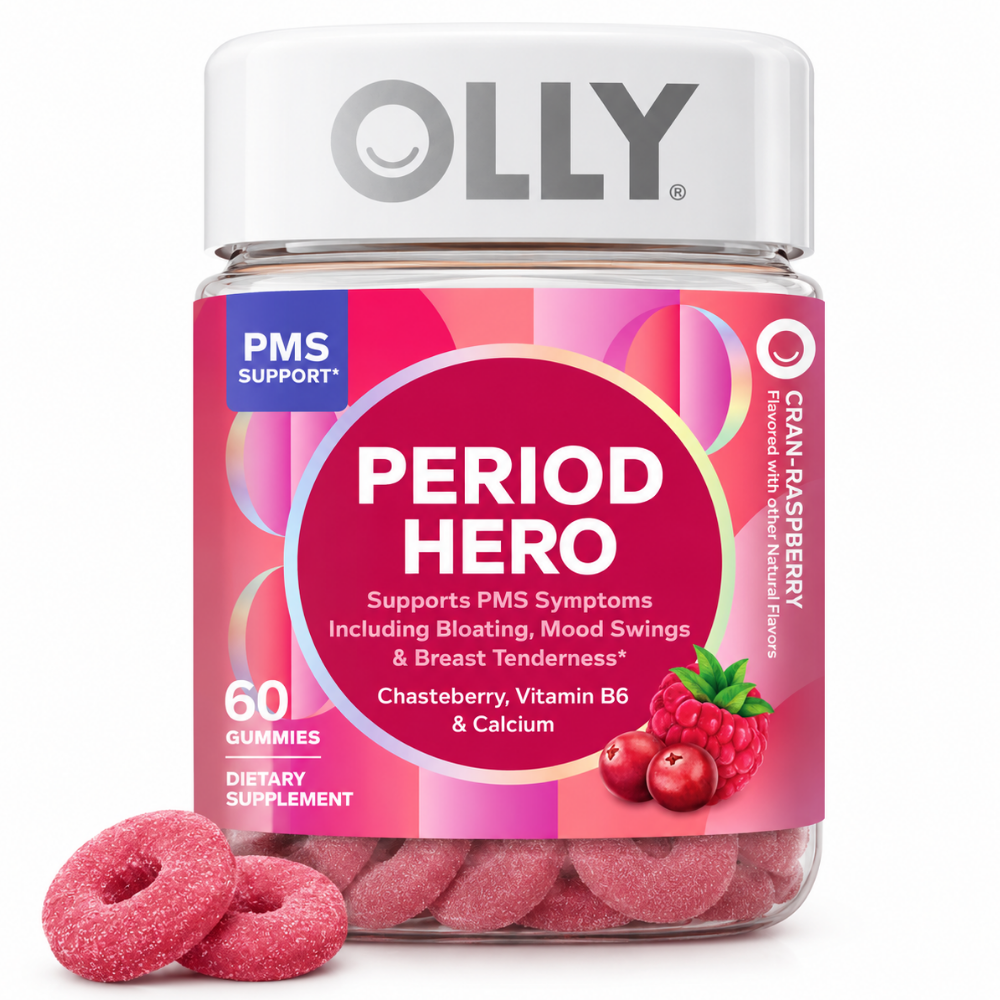 Olly Period Hero OLLY Period Hero PMS Support - opakowanie 60 żelków o smaku żurawiny i maliny z niepokalankiem, witaminą B6 i wapniem.