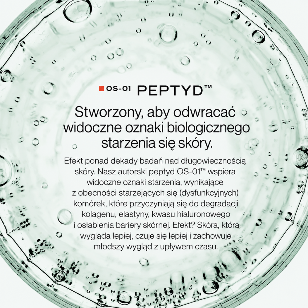 OneSkin OS 01 Face Rich Cream - długowieczność twojej skóry zaczyna się tutaj (3) OneSkin OS-01 Peptide - technologia długowieczności skóry - grafika prezentująca autorski peptyd OS-01 oraz jego działanie ukierunkowane na widoczne oznaki biologicznego starzenia się skóry, w tym wsparcie kolagenu, elastyny i bariery skórnej.