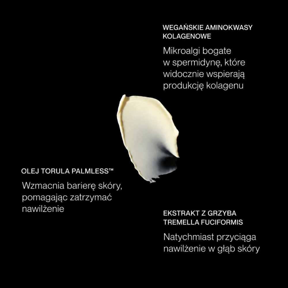 OneSkin OS 01 Face Rich Cream - długowieczność twojej skóry zaczyna się tutaj (4) OneSkin OS-01 Face Rich Cream - kluczowe składniki - grafika przedstawiająca wegańskie aminokwasy kolagenowe, olej Torula Palmless i ekstrakt z grzyba Tremella Fuciformis wspierające nawilżenie, barierę skóry i produkcję kolagenu.