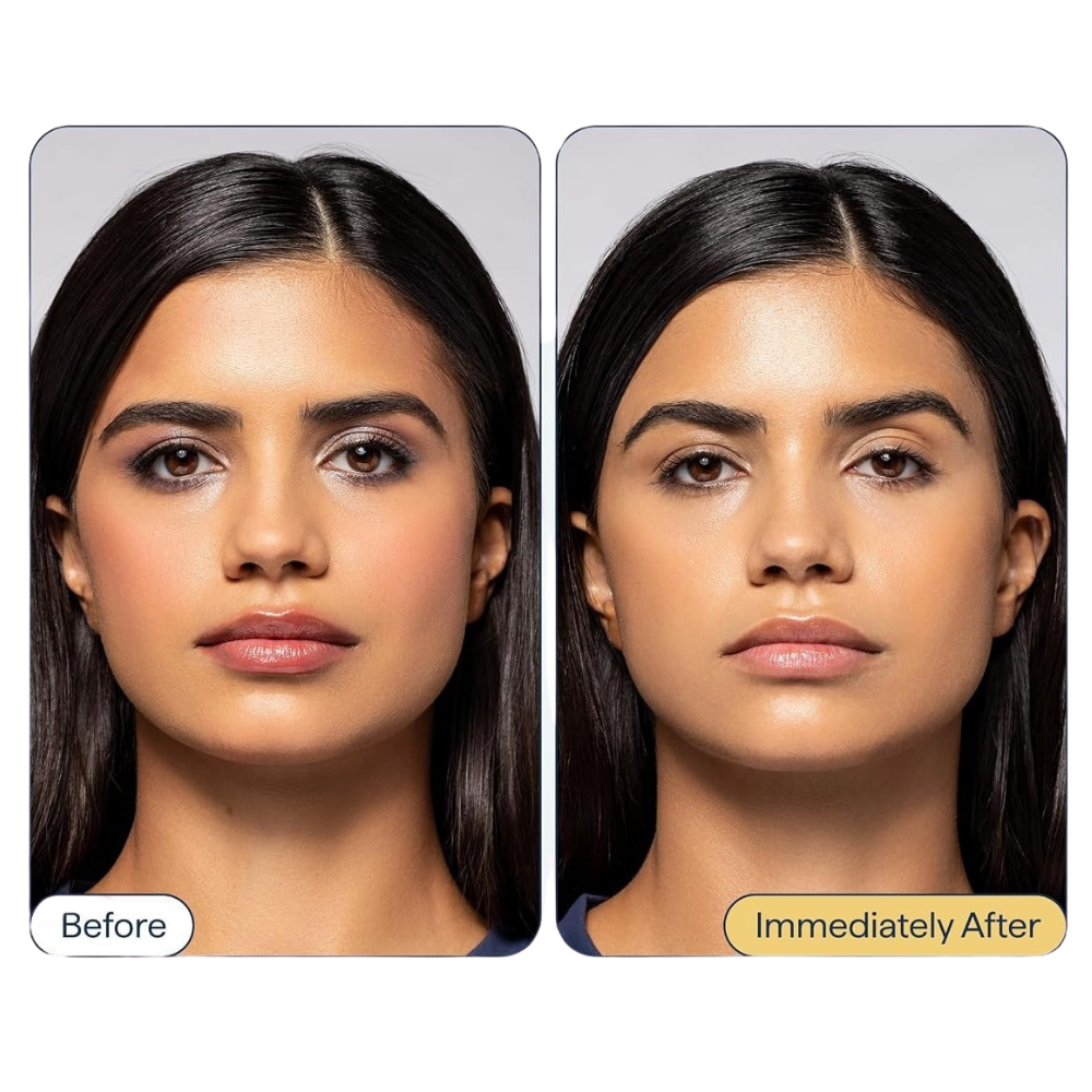 REMEDY for Pre-Cleansing (5) REMEDY Derm Dissolve Cleansing Balm - porównanie twarzy modelki przed i bezpośrednio po demakijażu. Grafika pokazuje skórę z makijażem oraz po oczyszczeniu, prezentując działanie balsamu rozpuszczającego kosmetyki kolorowe i filtry SPF.