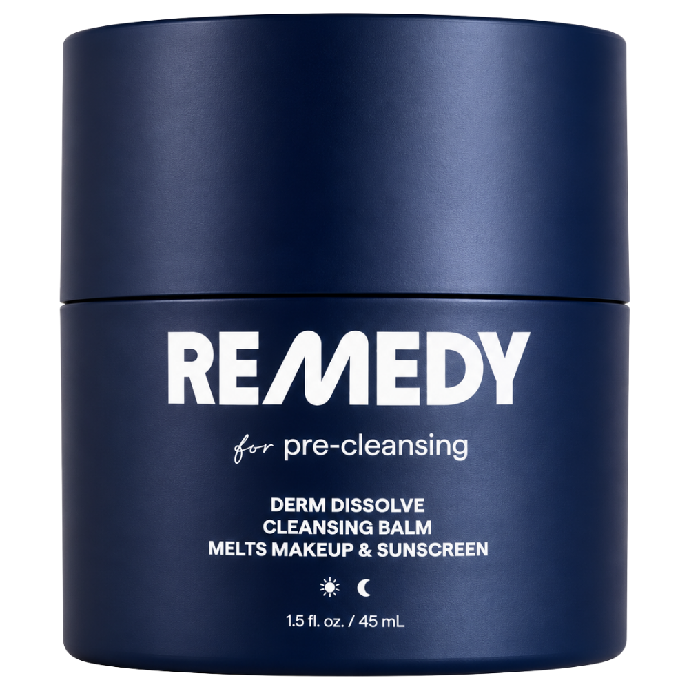 REMEDY for Pre-Cleansing REMEDY for Pre-Cleansing Derm Dissolve Cleansing Balm - balsam do demakijażu twarzy, pomagający rozpuszczać makijaż, filtry przeciwsłoneczne i codzienne zanieczyszczenia. Elegancki, granatowy słoiczek z białym logo REMEDY na jasnym tle, pojemność 45 ml.
