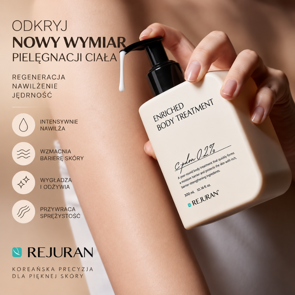 Rejuran Enriched Body Treatment C PDRN 0.2% - balsam z efektem baby soft skin (2) Rejuran Enriched Body Treatment c-PDRN 0,2% - regenerujący balsam do ciała z PDRN, wspierający intensywne nawilżenie, wygładzenie i sprężystość skóry. Grafika przedstawia aplikację balsamu oraz najważniejsze korzyści pielęgnacyjne.