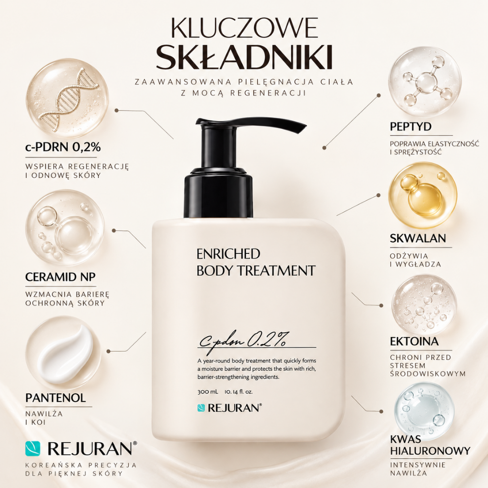 Rejuran Enriched Body Treatment C PDRN 0.2% - balsam z efektem baby soft skin (3) Rejuran Enriched Body Treatment c-PDRN 0,2% - balsam do ciała z c-PDRN, ceramidem NP, pantenolem, peptydem, skwalanem, ektoiną i kwasem hialuronowym. Grafika prezentuje składniki wspierające regenerację, nawilżenie i wzmocnienie bariery ochronnej skóry.