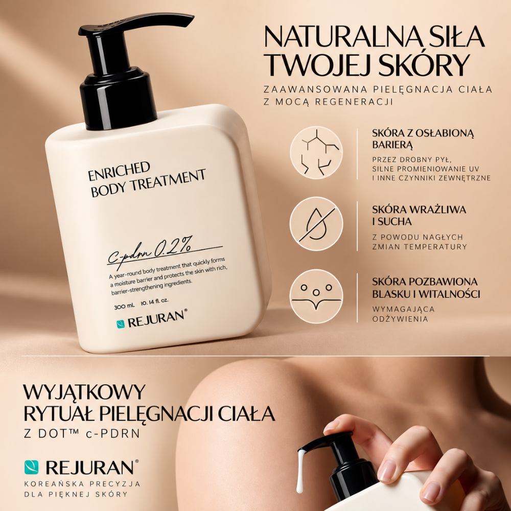 Rejuran Enriched Body Treatment C PDRN 0.2% - balsam z efektem baby soft skin (4) Rejuran Enriched Body Treatment c-PDRN 0,2% - odżywczy balsam do ciała przeznaczony do pielęgnacji skóry suchej, wrażliwej, pozbawionej blasku i z osłabioną barierą ochronną. Grafika przedstawia opakowanie produktu oraz jego zastosowanie w codziennej pielęgnacji.