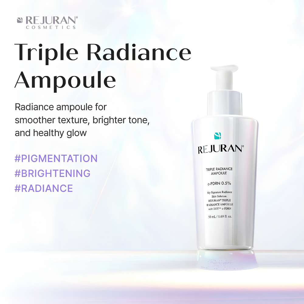 Rejuran Healer Triple Radiance Ampoule C PDRN 0.5% (3) REJURAN Healer Triple Radiance Ampoule c-PDRN 0.5% 50 ml - koreańska ampułka do twarzy na przebarwienia, nierówny koloryt i utratę blasku, perłowa butelka z pompką na grafice producenta.
