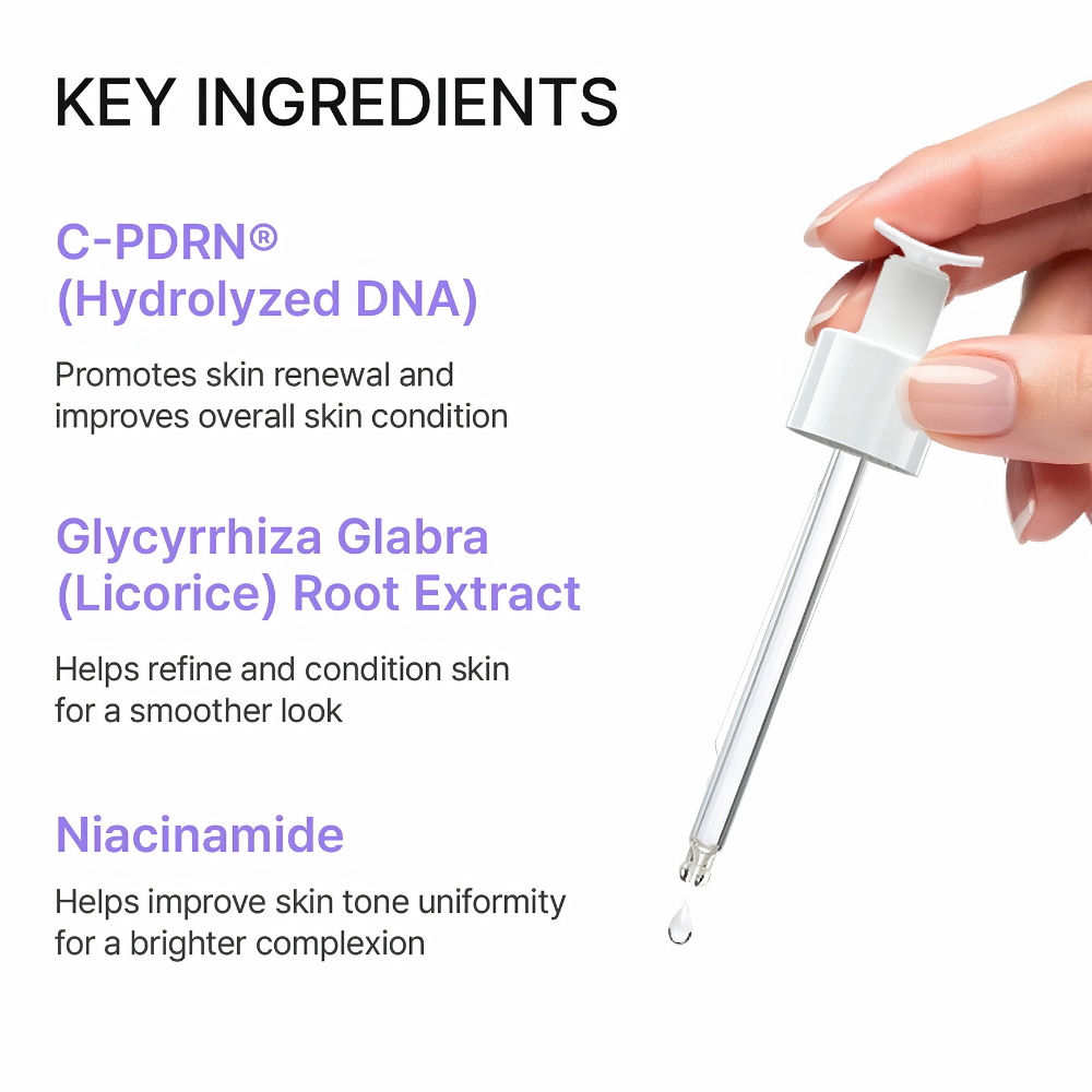 Rejuran Healer Triple Radiance Ampoule C PDRN 0.5% (6) REJURAN Healer Triple Radiance Ampoule c-PDRN 0.5% - grafika przedstawiająca kluczowe składniki ampułki: c-PDRN wspierające kondycję skóry, ekstrakt z korzenia lukrecji pomagający wygładzić cerę oraz niacynamid wyrównujący koloryt, obok pipety z kroplą serum.