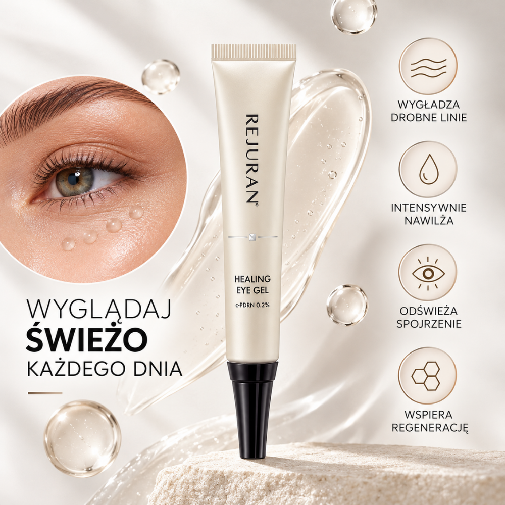 Rejuran Proffessional Healing Eye Gel C PDRN 0.2% - gładkie i wypoczęte spojrzenie (2) Rejuran Healing Eye Gel c-PDRN 0,2% - regenerujący żel pod oczy na drobne linie i kurze łapki. Grafika przedstawia tubkę produktu, zbliżenie okolicy oka oraz korzyści: wygładzenie, intensywne nawilżenie, odświeżenie spojrzenia i wsparcie regeneracji skóry.
