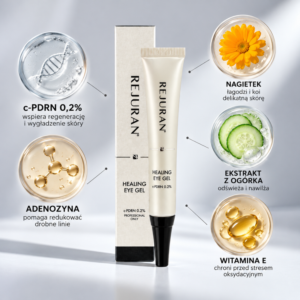 Rejuran Proffessional Healing Eye Gel C PDRN 0.2% - gładkie i wypoczęte spojrzenie (3) Rejuran Healing Eye Gel c-PDRN 0,2% - żel pod oczy z c-PDRN, adenozyną, nagietkiem, ekstraktem z ogórka i witaminą E. Grafika prezentuje składniki wspierające wygładzenie drobnych linii, nawilżenie, ukojenie i pielęgnację delikatnej skóry wokół oczu.