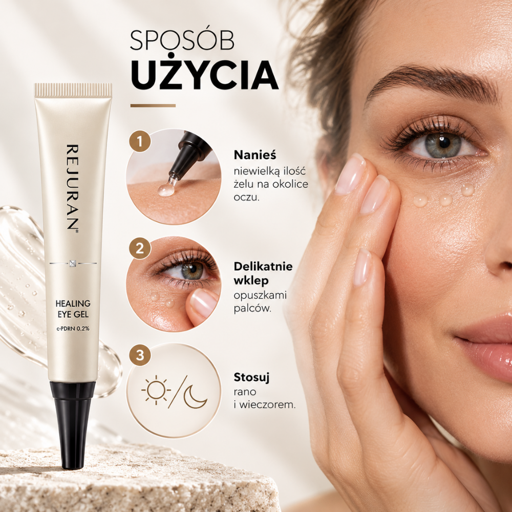 Rejuran Proffessional Healing Eye Gel C PDRN 0.2% - gładkie i wypoczęte spojrzenie (4) Rejuran Healing Eye Gel c-PDRN 0,2% - instrukcja stosowania regenerującego żelu pod oczy. Grafika przedstawia aplikację niewielkiej ilości kosmetyku, delikatne wklepywanie opuszkami palców oraz zalecenie stosowania rano i wieczorem.