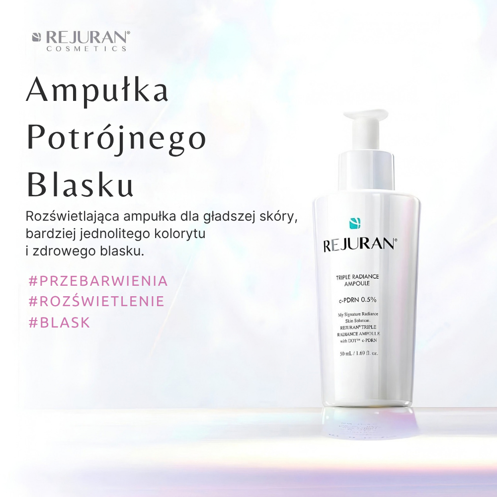 Rejuran Triple Radiance Ampoule c PDRN 0.5% (3) REJURAN Triple Radiance Ampoule c-PDRN 0,5% 50 ml - rozświetlająca ampułka do twarzy w perłowej butelce z pipetą, przedstawiona na tle transparentnych kropli serum.